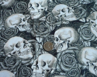 Brand New Gray Roses and Skulls Fabric 100% Cotton 18 inches x 44 inches                 (Half Yard)
