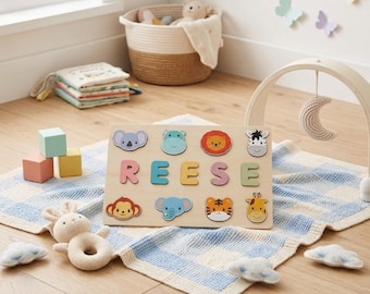 Personalized Wooden Name Puzzle for Toddlers, Custom Baby Gift, Safari Jungle Animals Nursery Decor, 1st Birthday Gift, Montessori Toy