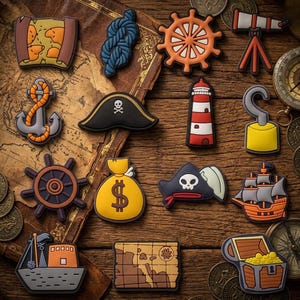 May include: A collection of nautical and pirate-themed shoe charms featuring a treasure map, blue rope, ship wheel, telescope, anchor, pirate hat, lighthouse, hook, money bag, skull hat, ship, grid map, and a treasure chest filled with gold.