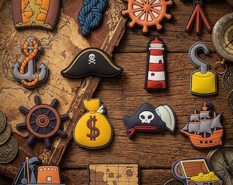 Pirate PVC Patch Set, Nautical Treasure Map Patches for Backpack, Ship Anchor Lighthouse Morale Badge, Captain Hat Hook Money Bag Emblem