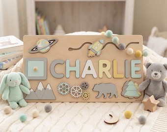 Personalized Wooden Name Puzzle for Toddlers, Custom Baby Boy Gift, Space Mountain Nursery Decor, 1st Birthday Gift, Montessori Toy Kids