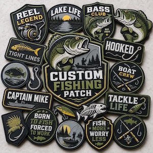 May include: A collection of fishing-themed patches in various shapes, featuring images of fish, fishing rods, and related text. The patches are in shades of green, black, and gold, with phrases like "Reel Legend" and "Custom Fishing Patch".