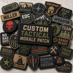 May include: A collection of various tactical morale patches in shades of black, green, tan, and red. The patches feature text and graphics, including mountains, compasses, skulls, and phrases like "Send It" and "Custom Tactical Morale Patch."