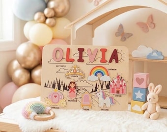 Personalized Wooden Name Puzzle with Pegs, Custom Baby Girl Gift, Princess Castle Nursery Decor, 1st Birthday Gift, Montessori Toy Kids