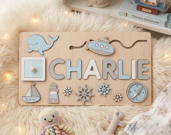 Personalized Wooden Name Puzzle for Toddlers, Custom Baby Boy Gift, Nautical Ocean Nursery Decor, 1st Birthday Gift, Montessori Toy Kids