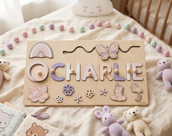 Personalized Wooden Name Puzzle with Pegs, Custom Baby Girl Gift, Purple Nursery Decor, Butterfly Unicorn Toy, 1st Birthday Gift for Kids