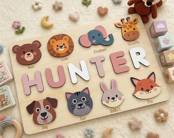 Personalized Wooden Name Puzzle for Toddlers, Custom Baby Girl Gift, Safari Animal Nursery Decor, 1st Birthday Gift, Montessori Toy Kids