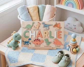 Personalized Wooden Name Puzzle for Toddlers, Custom Dinosaur Baby Gift, Dino Nursery Decor Boy Girl, 1st Birthday Gift, Montessori Toy