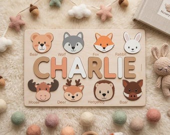 Personalized Wooden Name Puzzle for Toddlers, Custom Baby Gift, Woodland Forest Animals Nursery Decor, 1st Birthday Gift, Montessori Toy