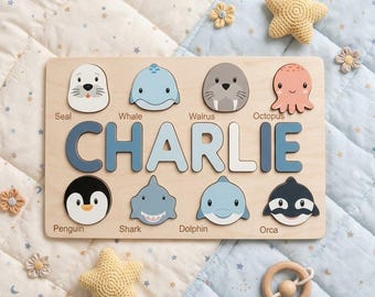 Personalized Wooden Name Puzzle for Toddlers, Custom Baby Boy Gift, Ocean Sea Animals Nursery Decor, 1st Birthday Gift, Montessori Toy
