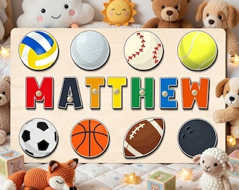 Personalized Wooden Name Puzzle with Pegs, Custom Baby Boy Gift, Sports Theme Nursery Decor, 1st Birthday Gift, Montessori Toy for Kids
