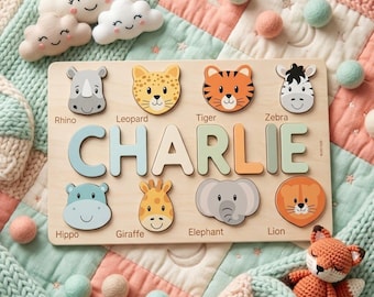 Personalized Wooden Name Puzzle for Toddlers, Custom Baby Gift, Safari Jungle Animals Nursery Decor, 1st Birthday Gift, Montessori Toy
