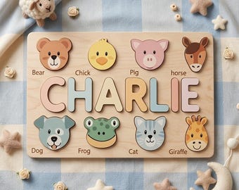 Personalized Wooden Name Puzzle for Toddlers, Custom Baby Gift, Farm Animal Nursery Decor, 1st Birthday Gift, Montessori Toy for Boy Girl