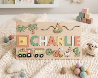 Personalized Wooden Name Puzzle for Toddlers, Custom Baby Boy Gift, Safari Train Nursery Decor, 1st Birthday Gift, Montessori Toy for Kids
