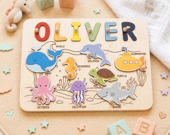 Personalized Wooden Name Puzzle with Pegs, Custom Baby Gift, Ocean Sea Animals Nursery Decor, 1st Birthday Gift, Montessori Toy for Kids