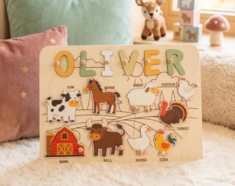 Personalized Wooden Name Puzzle with Pegs, Custom Baby Gift, Farm Animals Nursery Decor, Barnyard Toy, 1st Birthday Gift, Montessori Kids