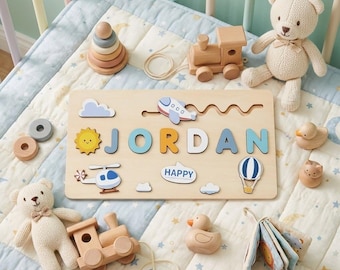 Personalized Wooden Name Puzzle for Toddlers, Custom Baby Boy Gift, Airplane Sky Nursery Decor, 1st Birthday Gift, Montessori Toy for Kids