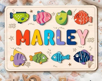 Personalized Wooden Name Puzzle with Pegs, Custom Baby Gift, Under the Sea Fish Nursery Decor, 1st Birthday Gift, Montessori Toy Kids
