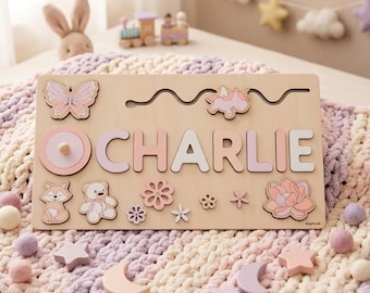 Personalized Wooden Name Puzzle for Toddlers, Custom Baby Girl Gift, Pink Butterfly Nursery Decor, 1st Birthday Gift, Montessori Toy Kids
