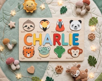 Personalized Wooden Name Puzzle for Toddlers, Custom Baby Gift, Jungle Animals Nursery Decor, 1st Birthday Gift, Montessori Toy for Kids