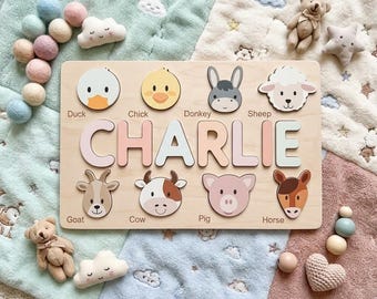 Personalized Wooden Name Puzzle for Toddlers, Custom Baby Gift, Farm Animals Nursery Decor, 1st Birthday Gift, Montessori Toy for Boy Girl