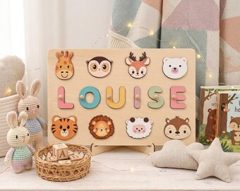 Personalized Wooden Name Puzzle with Pegs, Custom Baby Gift, Safari Woodland Animals Nursery Decor, 1st Birthday Gift, Montessori Toy Kids