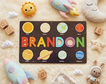 Personalized Wooden Name Puzzle for Toddlers, Custom Baby Boy Gift, Space Solar System Planets Nursery Decor, 1st Birthday Gift