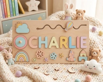 Personalized Wooden Name Puzzle for Toddlers, Custom Baby Girl Gift, Pastel Name Sign for Nursery Decor, 1st Birthday Gift, Toy for Kids