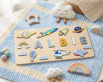 Personalized Wooden Name Puzzle for Toddlers, Custom Baby Boy Gift, Space Airplane Nursery Decor, 1st Birthday Gift, Montessori Toy Kids