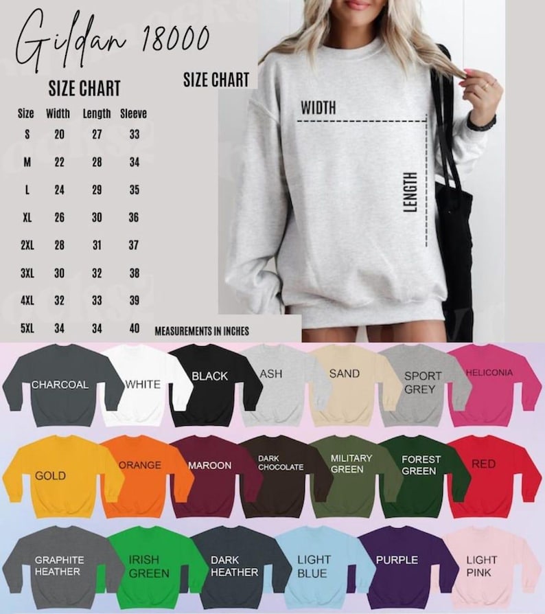 Op de afbeelding: Maattabel voor Gildan 18000 sweatshirts, metingen in inches. De tabel bevat maten S tot 5XL, met een breedte vari&euml;rend van 50,8 tot 86,4 cm, een lengte van 68,6 tot 86,4 cm en mouwlengtes van 83,8 tot 101,6 cm. Verschillende sweatshirtkleuren worden weergegeven.