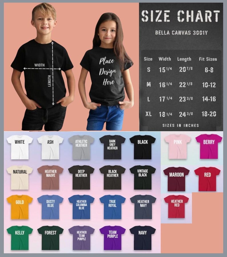 Op de afbeelding: Afbeelding van twee kinderen die zwarte t-shirts dragen, met een maattabel en kleuropties. De t-shirts hebben de tekst "Place Design Here". De maattabel toont de afmetingen in inches voor Bella Canvas 3001Y shirts.