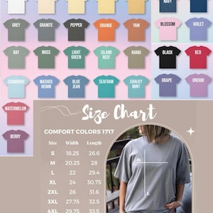 Op de afbeelding: Een display van t-shirts in diverse kleuren, waaronder wit, marineblauw en rood, met een maattabel die afmetingen in inches toont. De tekst "Size Chart" en "Comfort Colors 1717" is ook zichtbaar.