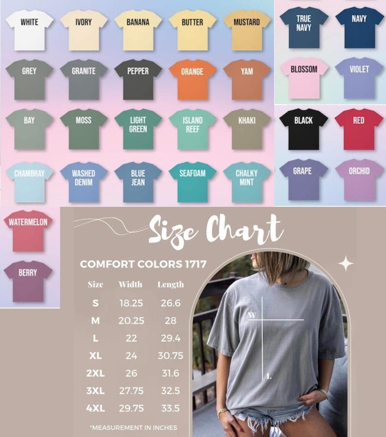 Op de afbeelding: Een display van t-shirts in diverse kleuren, waaronder wit, marineblauw en rood, met een maattabel die afmetingen in inches toont. De tekst "Size Chart" en "Comfort Colors 1717" is ook zichtbaar.