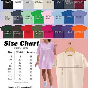 Op de afbeelding: Een selectie van Gildan 5000 t-shirts in diverse kleuren, waaronder zwart, wit en marineblauw. Een maattabel toont afmetingen in inches voor maten S tot 5XL. Een model draagt een XL-shirt voor een oversized pasvorm.