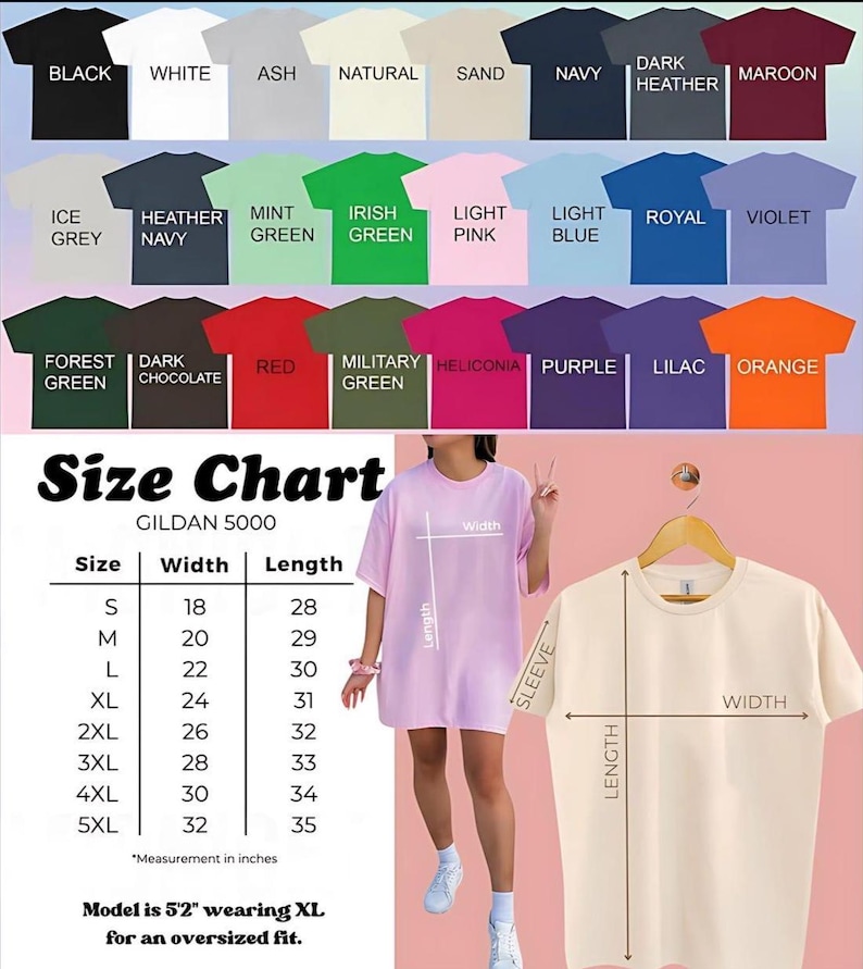 Op de afbeelding: Een selectie van Gildan 5000 t-shirts in diverse kleuren, waaronder zwart, wit en marineblauw. Een maattabel toont afmetingen in inches voor maten S tot 5XL. Een model draagt een XL-shirt voor een oversized pasvorm.