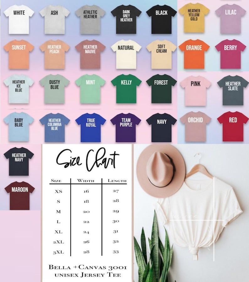 Op de afbeelding: Een verscheidenheid aan Bella + Canvas 3001 unisex jersey t-shirts in verschillende kleuren, waaronder wit, zwart en heather tinten. Een maattabel is inbegrepen, samen met een cr&egrave;mekleurige hoed en een plant.