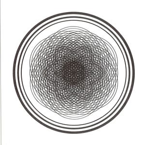 May include: Black and white abstract art print featuring a complex, swirling pattern within a double-lined circle. The intricate design is centered on a white background, with a signature in the lower right corner.
