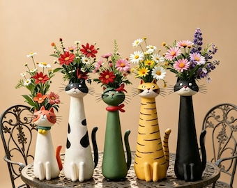 Handmade Cat Vase, Resin Flower Planter, Quirky Boho Home Decor