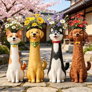 Puede incluir: Cuatro macetas con forma de perro, cada una con una raza y esquema de color diferente. Las macetas están llenas de flores coloridas. Los perros tienen caras sonrientes y están sentados en un camino de piedra.