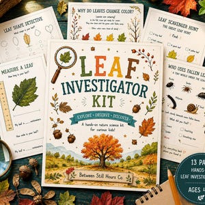 May include: A Leaf Investigator Kit featuring a 13-page nature science activity set. The cover displays a colorful autumn tree, acorns, and a magnifying glass illustration with the text Leaf Investigator Kit Explore Observe Discover.