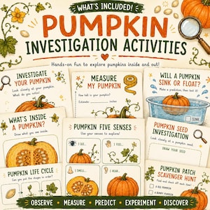 May include: A set of educational activity cards titled Pumpkin Investigation Activities, featuring illustrations of pumpkins, magnifying glasses, and measuring tapes. The cards include prompts for measuring, observing the life cycle, and sensory exploration.