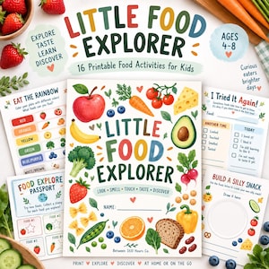 Op de afbeelding: Een set printbare activiteitenbladen getiteld Little Food Explorer voor kinderen van 4 tot 8 jaar. De pagina's bevatten kleurrijke illustraties van fruit, groenten en granen, met interactieve secties voor het bijhouden van voedselervaringen.