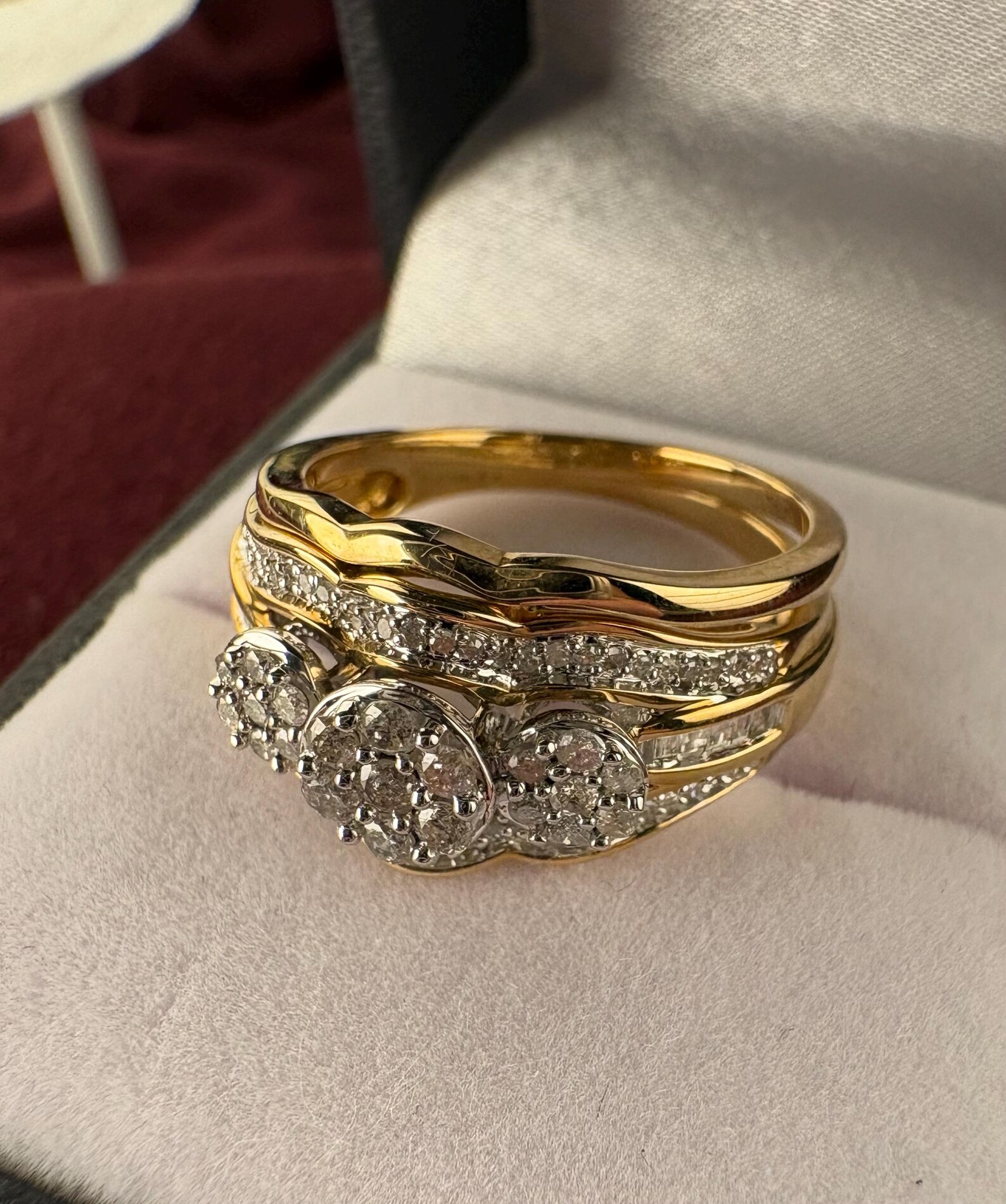 10K Yellow Gold Diamond Bridal Ring Set – 1/2 CTW – Three Cluster 10K Yellow Gold Diamond Bridal Ring Set – 1/2 CTW – Three Cluster