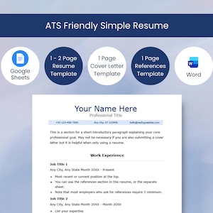 ATS対応履歴書テンプレートバンドル、編集可能なWordドキュメントとGoogleドキュメント、シンプルでプロフェッショナルなデザイン