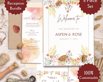 Brevpapper med vildblommor till bröllopsfesten, 8-delat paket, Canva-mallar