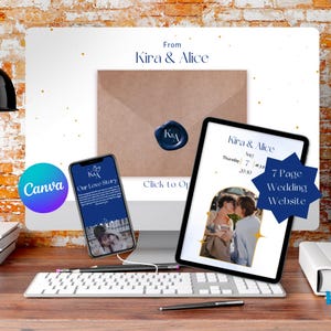 May include: A desktop computer, tablet, and smartphone display a wedding website design. The computer screen shows a brown envelope with a wax seal. The tablet and phone showcase the wedding details and the text "Our Love Story."