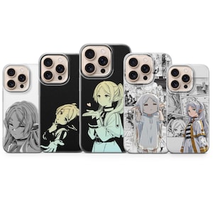 May include: Five phone cases displaying anime-style illustrations of female characters. The cases feature diverse poses and expressions, with a mix of monochrome and coloured designs. The cases are designed to fit various phone models.