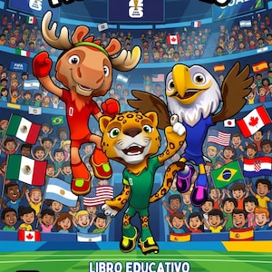 May include: A colourful educational book cover titled MUNDIAL 2026 featuring three cartoon animal mascots in football kits jumping in a stadium filled with international flags and cheering fans, with the FIFA WORLD CUP 2026 logo at the bottom.