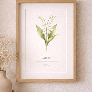 Peut inclure: Une impression d'art encadrée représentant une illustration à l'aquarelle de fleurs de muguet. L'impression comprend le nom "Lucie" et le mois "MAI". Le cadre est en bois clair.