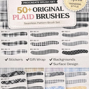 May include: A digital art bundle for Procreate featuring over 50 original plaid brushes. Includes seamless pattern brushes for stickers, gift wrap, backgrounds, and surface design. The design is Pinterest inspired.